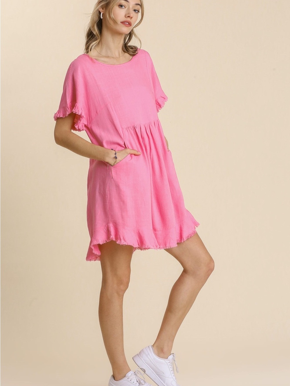Umgee USA Dress Pink Linen Blend Lagenlook Frayed Fringe w/pockets